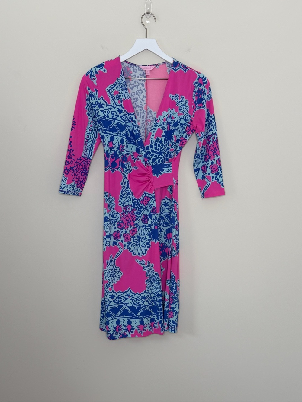 Lilly Pulitzer Pop Pink On The Square Yvette Dress Faux Wrap 3/4 Sleeve Size S - Picture 2 of 11